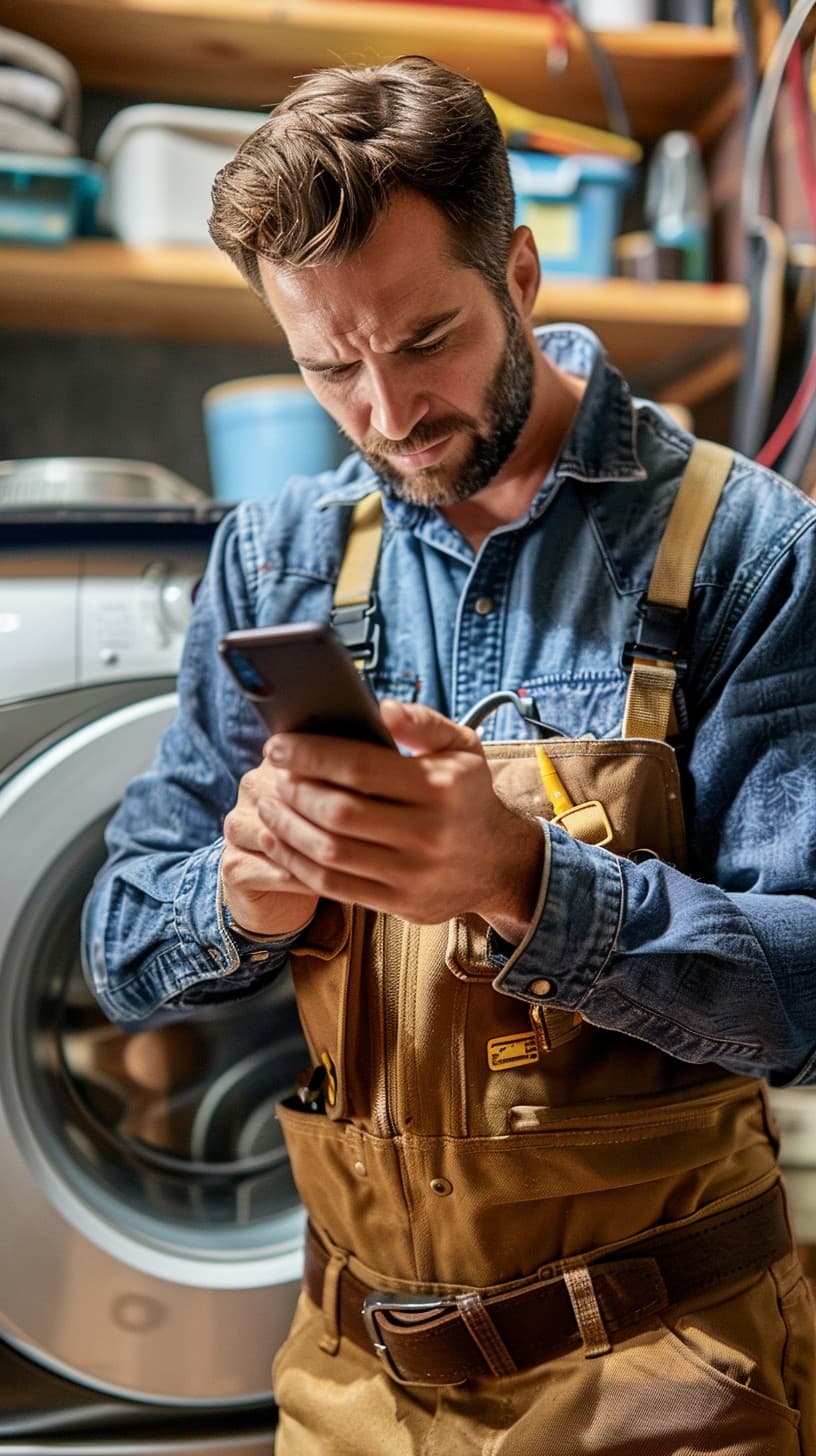 A tradesperson in his workshop, checking his numbers on his phone.